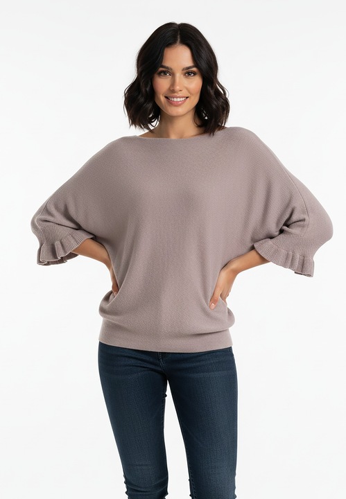 Дамски пуловер Figl, тип прилеп, 3/4 ръкави с къдри, кафяв, синтетично трико