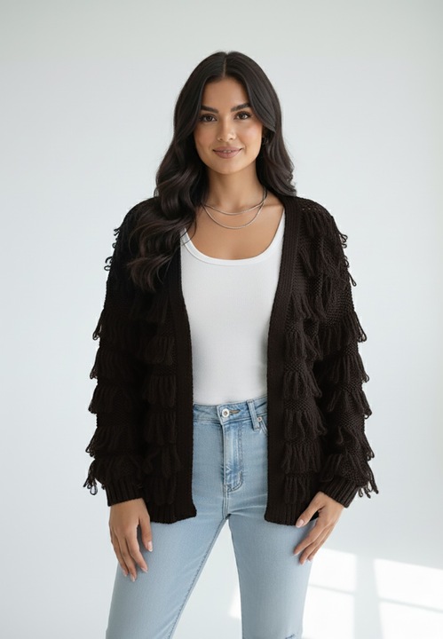 Cardigan Figl, cu franjuri, casual, maro, tricot gros