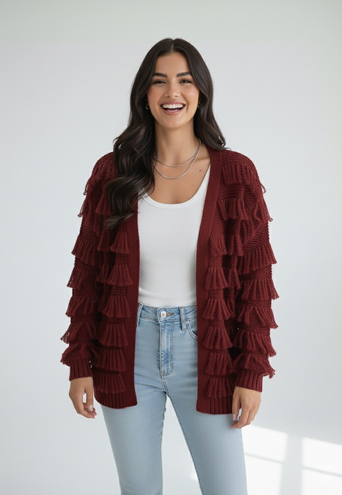 Cardigan Figl, bordeaux, tricot acrilic, croiala lejera, maneci lungi, franjuri decorative, set casual