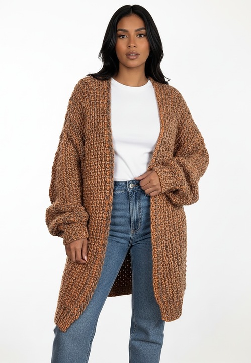 Cardigan Figl, portocaliu-ruginiu, tricotaj gros, croiala oversize, fara inchidere, pentru zile racoroase