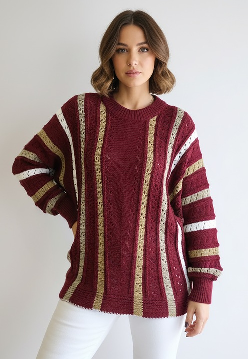 Pulover dama Figl, oversize, model ajurat, dungi verticale, rosu, tricot acril