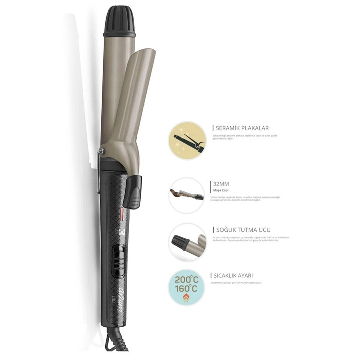 Ondulator par Arzum Lisa XL 32mm, negru, 2 trepte temperatura, 200°C