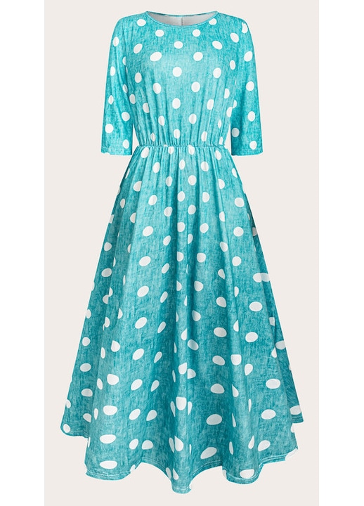 Rochie dama, model cu buline albe, maneci trei sferturi, Albastru