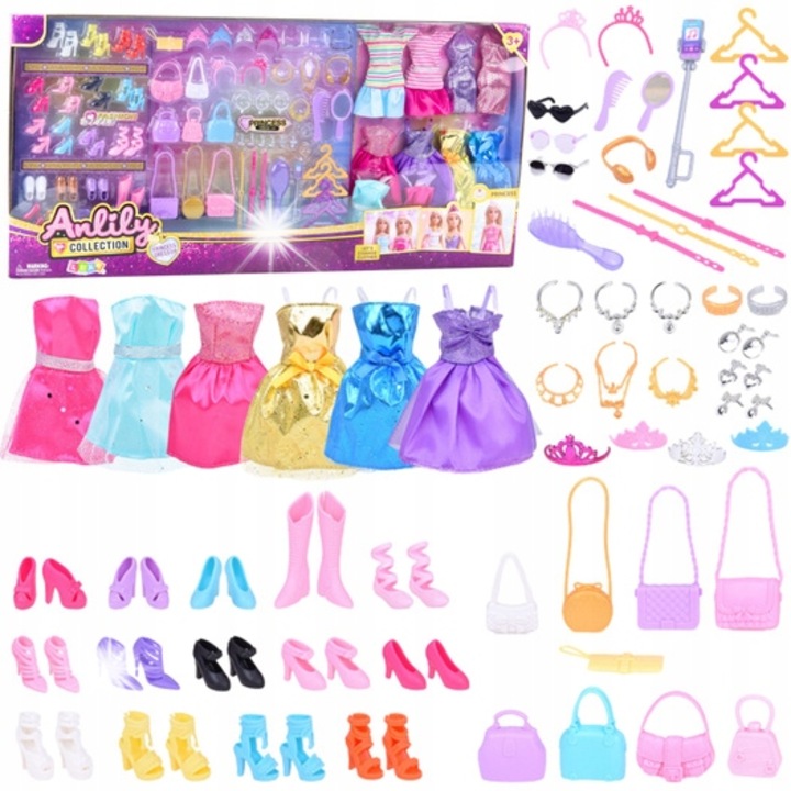 Babaruha és kiegészítő szett, 10 ruha, 18 pár cipő, 6 táska, többszínű, 68.5x33.5x5.5cm