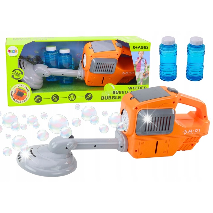 Buborékfújó gép, LEAN Toys, buborékképzővel, narancssárga, két folyadékkal, 3 év feletti gyermekeknek