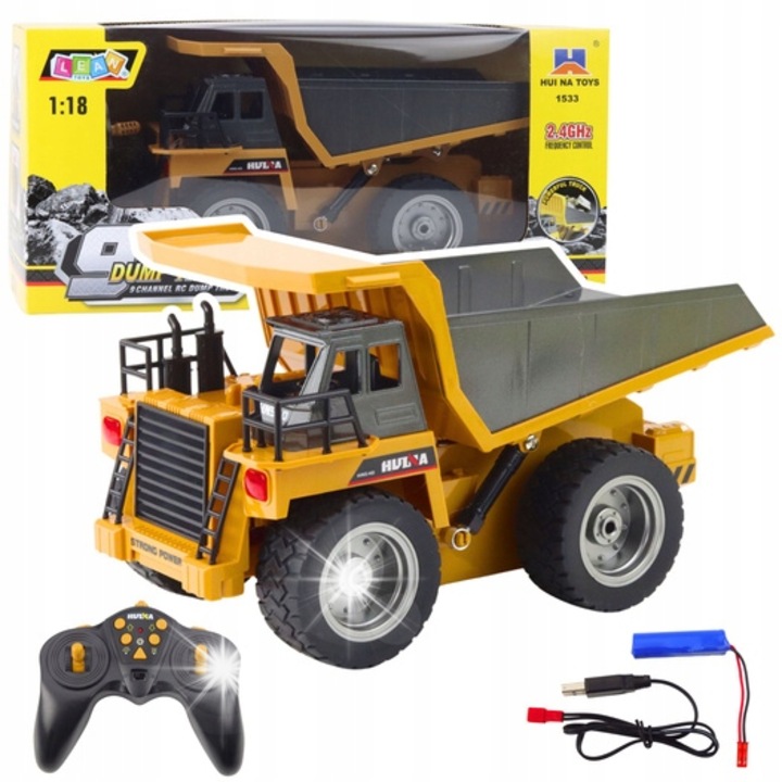 Camion cu basculanta LEAN Toys, RC Huina 1:18, 9 canale, metal si plastic, galben, 29x16,5x15cm, set complet