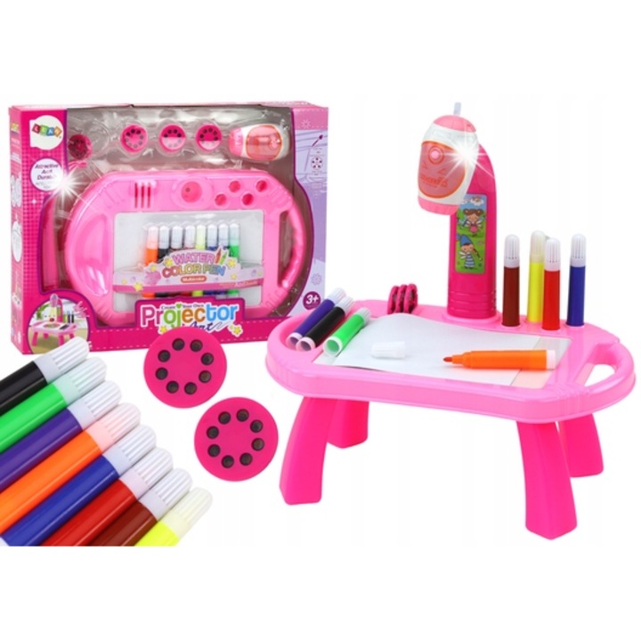Proiector de desen cu masa, LEAN Toys, roz, 32x31x19cm, set cu 32 diapozitive si 8 markere colorate