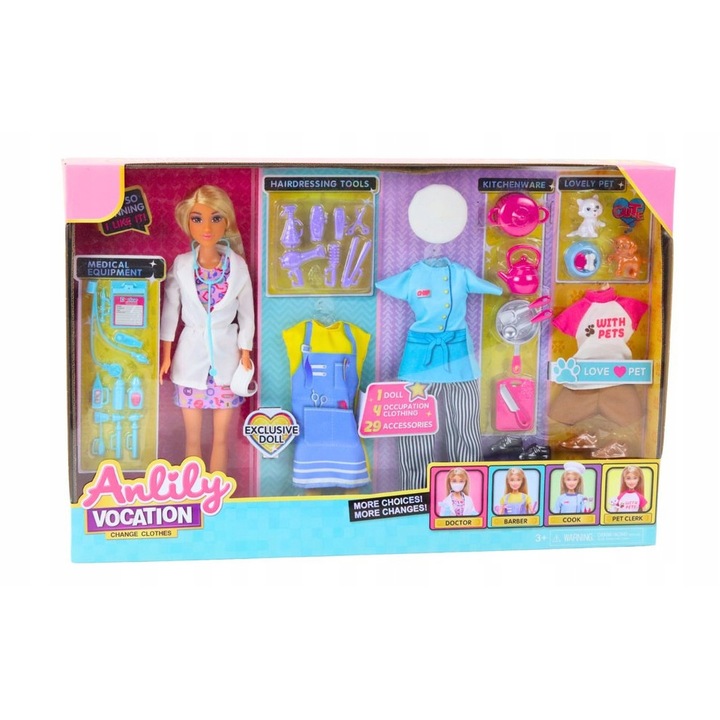 Anlily baba 4 az 1-ben, LEAN Toys, orvos, fodrász, szakács, állatbarát, 49cm x 32,5cm x 6cm, szett, LEAN TOYS