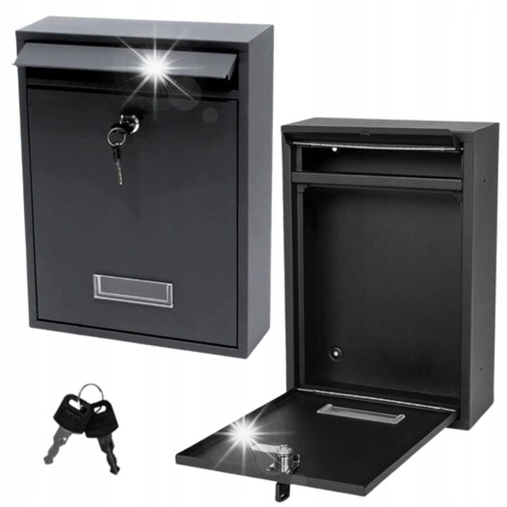 Levélszekrény Lean, horganyzott acél, fekete, 32x21,5x8,5cm, 2 kulccsal, egyszerű összeszerelés