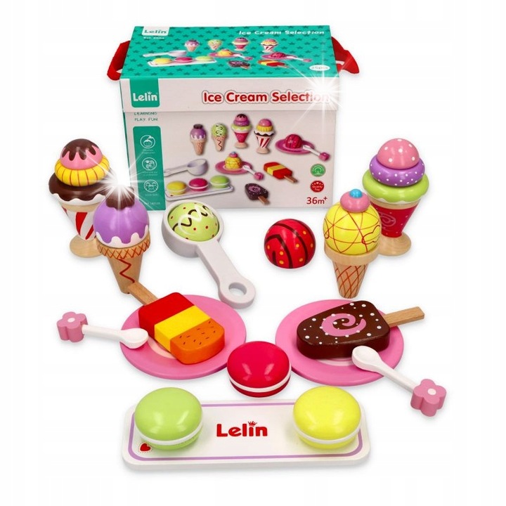 Fagylalt szett fából, Lelin, 25 darabos, többszínű, 3+ éves gyermekeknek