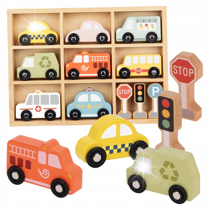 Tooky Toy fa jármű és közlekedési tábla oktatókészlet, 8 jármű, többszínű, 30x22x4,3cm