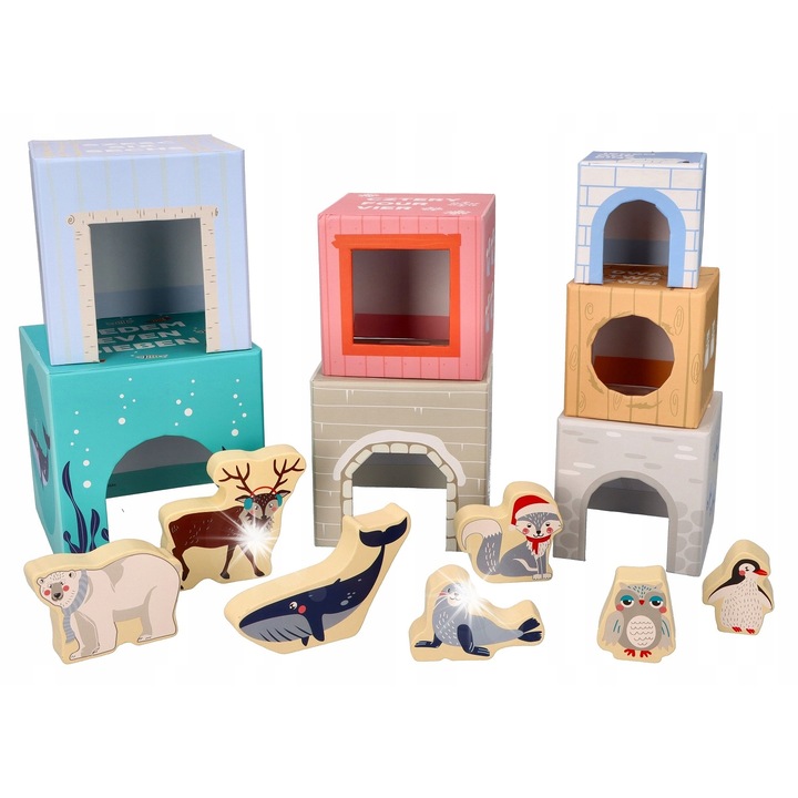 Пирамида с кубчета Adam Toys, арктически животни, 7 кубчета, 7 фигурки, 71x13см