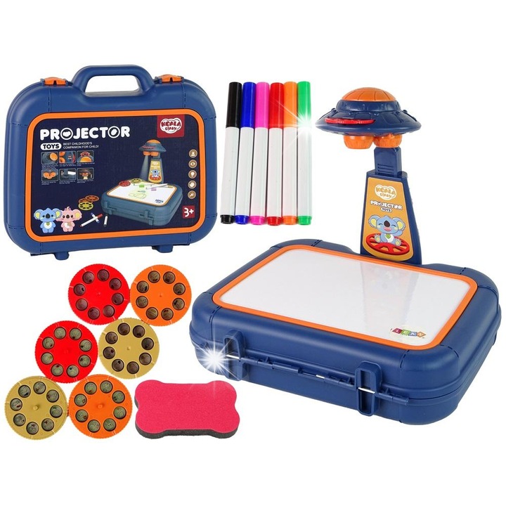 Tabla proiectoare, LEAN Toys, set cu 6 markere colorate, 6 discuri cu imagini, albastra, 32x29x8cm