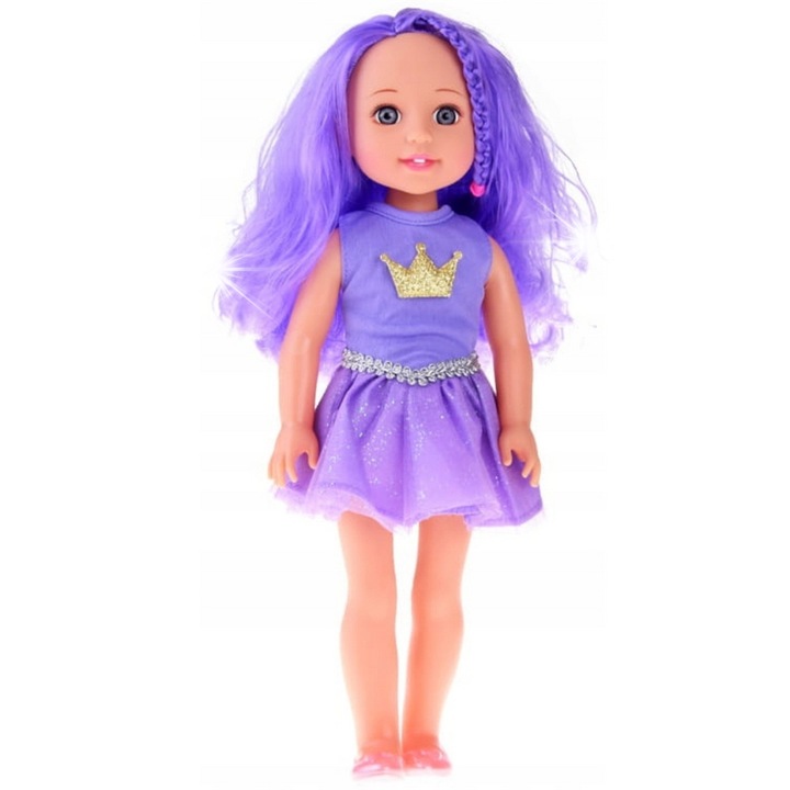 Baba kiegészítőkkel, 38cm, lila ruha, rózsaszín kefe