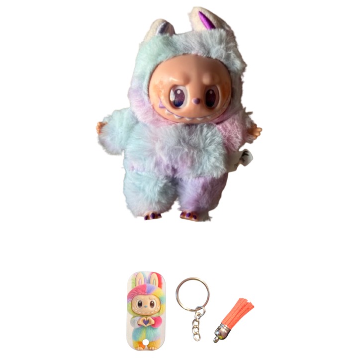 Figurina de plus LaBubu Set 15 cm, Mov Multicolor + Breloc LaBubu, Seria Monstrilor