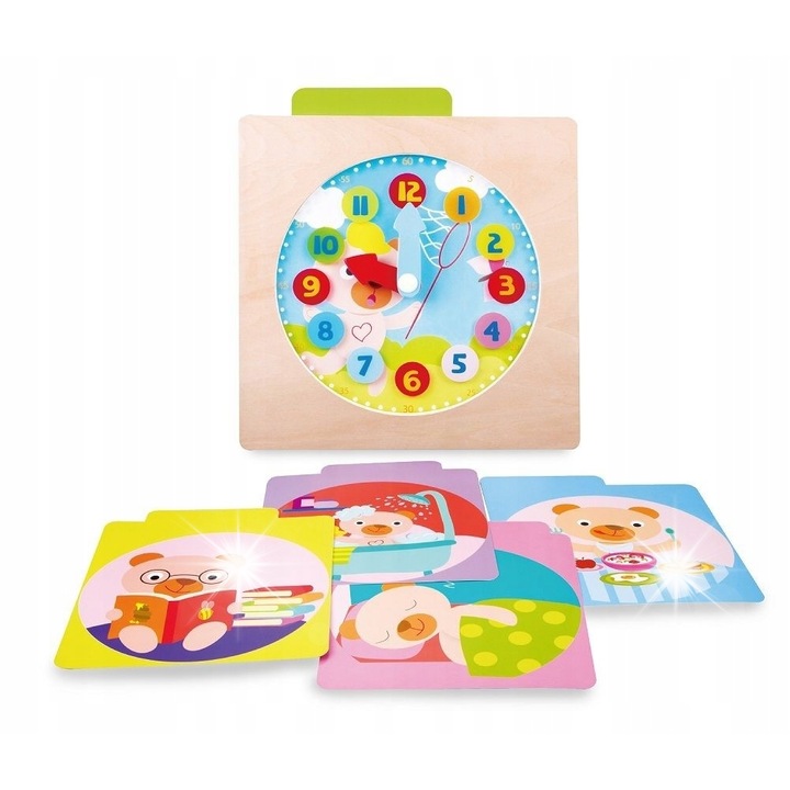 Ceas educativ din lemn Classic World, set cu 5 planse, colorat, 22.5x25x10.5cm, 3+ ani