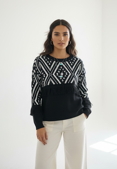 Pulover boho, Figl, negru, cu franjuri, tricotaj sintetic