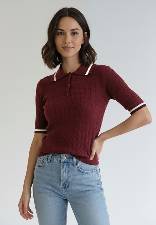 Pulover dama, Figl, bordeaux, tricot elastic, maneci scurte, accente albe