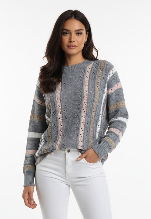 Дамски пуловер Figl, сив, плетен, свободна кройка, контрастни розови, бели и бежови райета