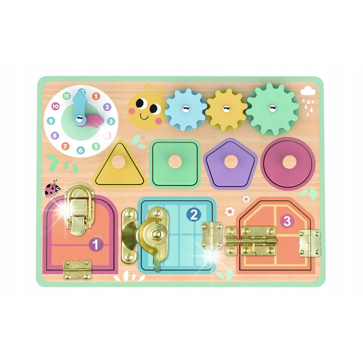 Fából készült oktatótábla 3 féle zárral, fogaskerekekkel és órával, Tooky Toy, 30x22,5x3,5cm