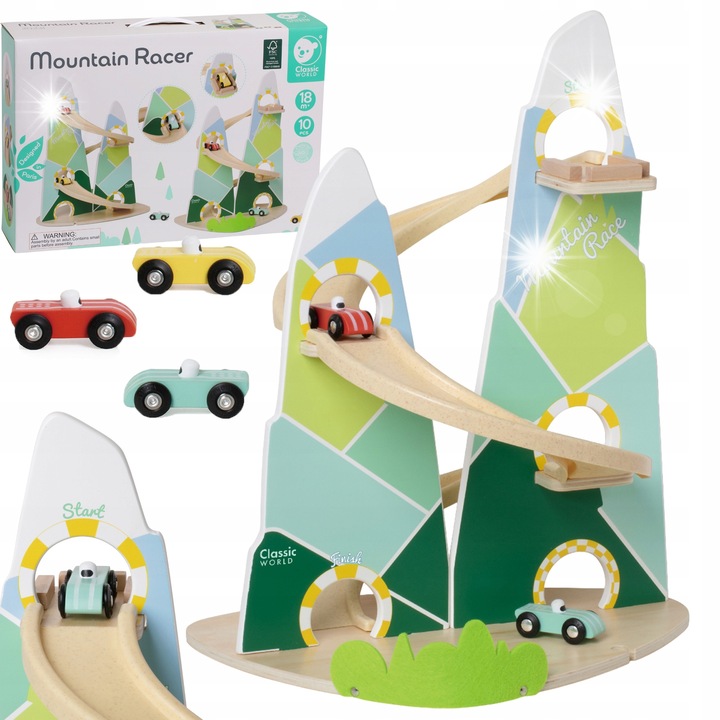 Fából készült versenypálya 3 autóval, Classic World, hegyi design, 45x35x47cm