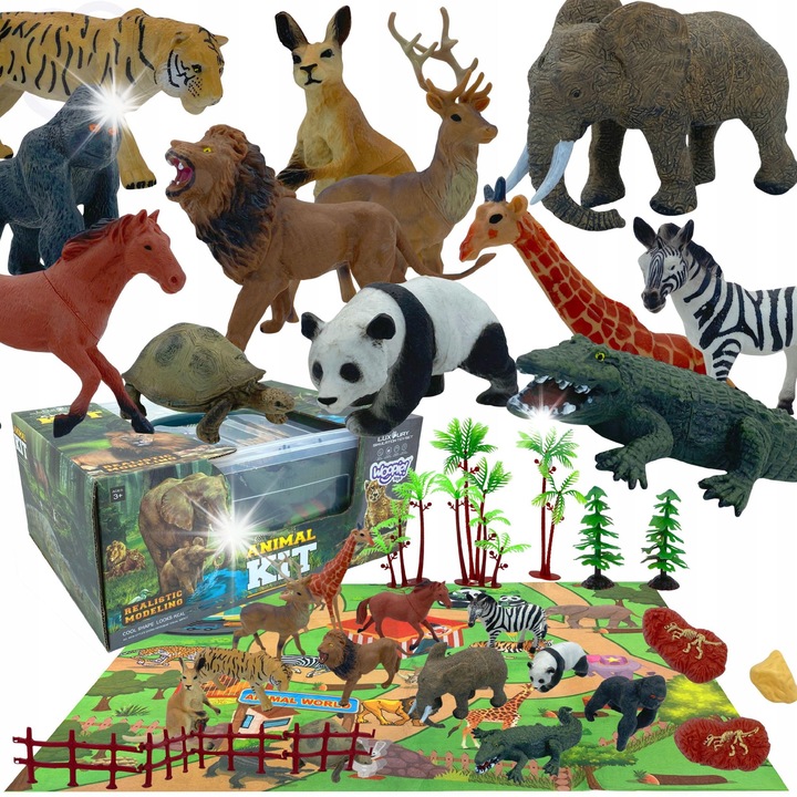 Set Figurine Safari + Mata 13 el., Woopie, 12 figurine animale, culori vii, dimensiune compacta