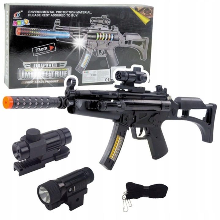 Играчка пушка, LEAN Toys, 73см, светлинни и звукови ефекти, комплект с 2 мишени и колан