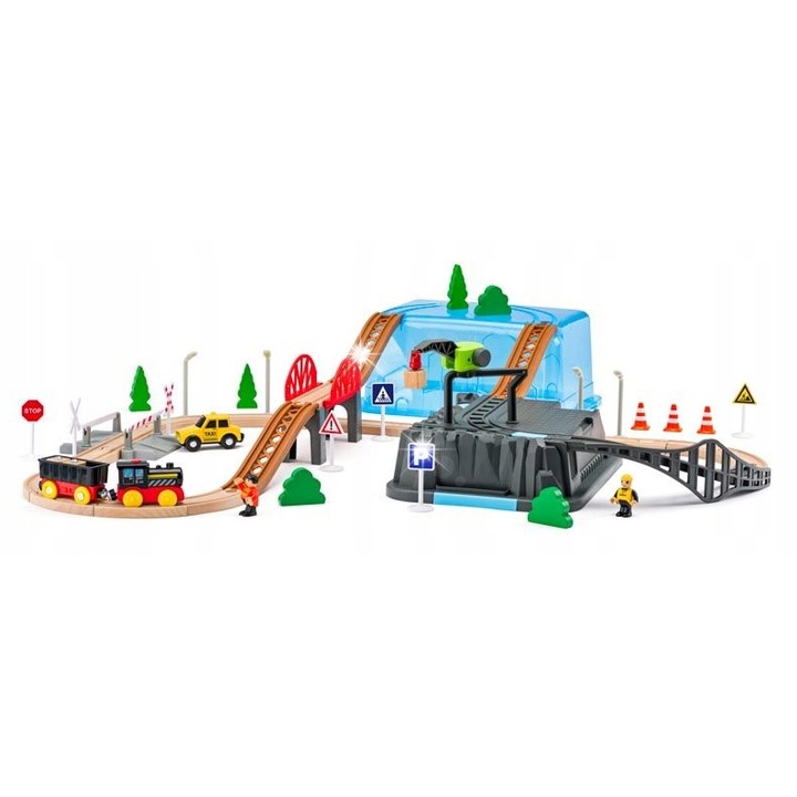 Woody Játékvonat készlet, elektromos, 63 elemes, többszínű, nyitott doboz mérete 30x45cm