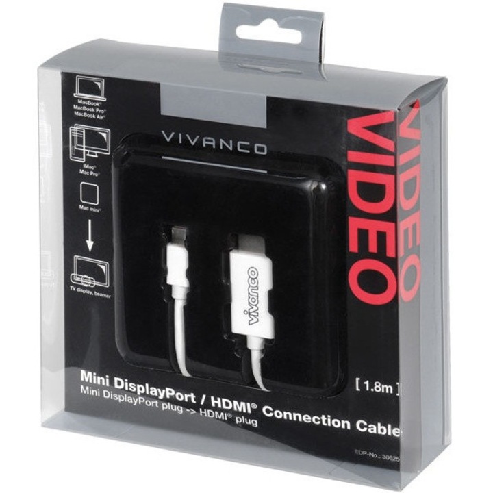 VIVANCO Mini DisplayPort - HDMI kábel, fehér, 24K, 100% OFC, 1.8m