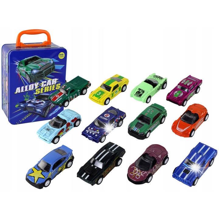 LEAN Toys autókészlet, 12 jármű 1:64, különböző színek, fém bőrönd 20x15x9cm