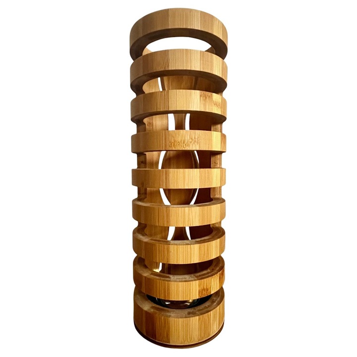 Настолна лампа Spectra от бамбук, произведена в Румъния, с RGB светлина и дистанционно управление, височина 35 см и топла амбиентна и романтична светлина, за топли и хармонични жилищни пространства