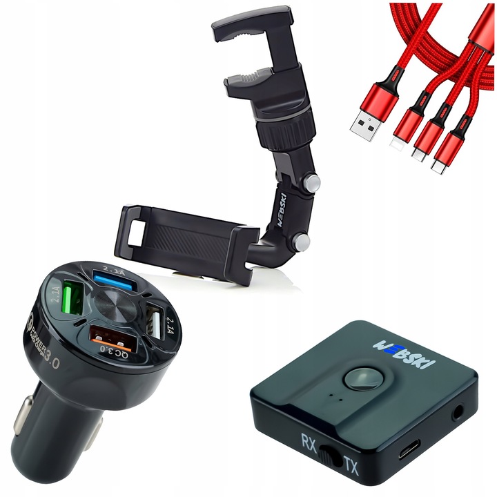 Комплект поставка за телефон в кола, Webski, 4 USB порта, Quick Charge 3.0, Bluetooth 5.0, 90x230мм