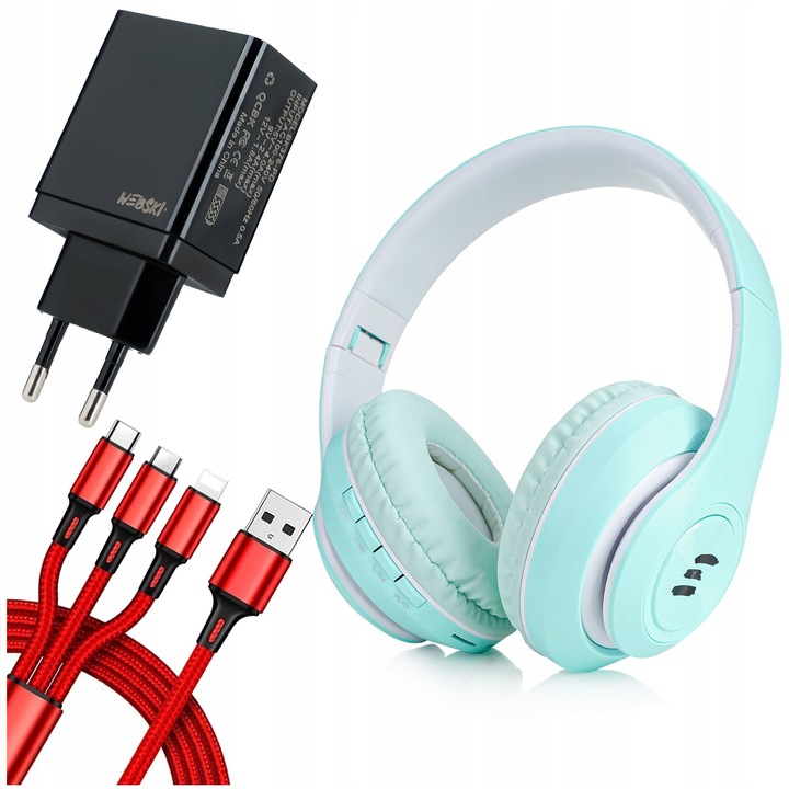 Vezeték nélküli fejhallgató szett töltőkábellel és univerzális töltővel, Webski, Bluetooth 5.0 mikrofonnal és rádióval, 36W 4xUSB, türkiz
