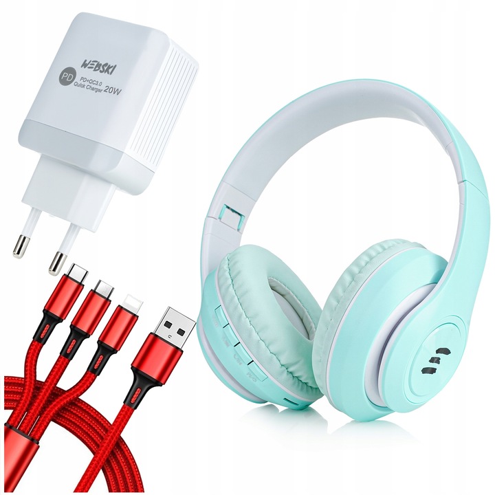 Webski univerzális vezeték nélküli fejhallgató szett töltőkábellel és töltővel, Bluetooth 5.0, mikrofonnal, microSD olvasóval, rádióval, kék