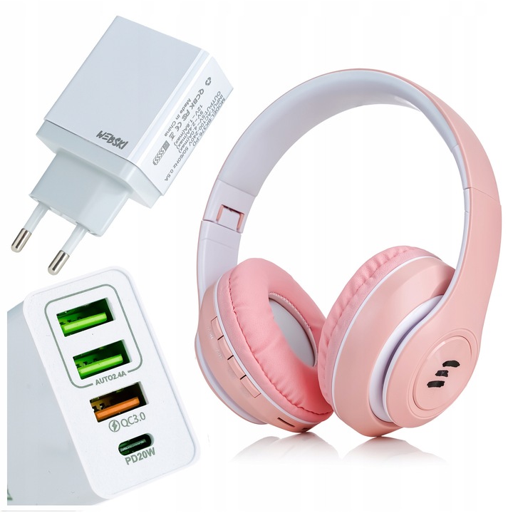 Vezeték nélküli fejhallgató + Webski töltő, Bluetooth 5.0, mikrofonnal, micro SD olvasóval, rádióval, rózsaszín