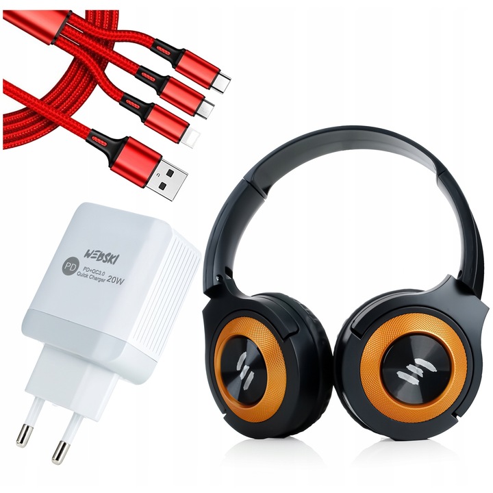 Безжични слушалки с кабел за данни и универсално зарядно устройство, Webski, с микрофон, четец за microSD, 2 в 1, 20W, кабел 3 в 1 120см