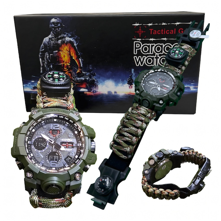 Ceas Survival Militar 8-in-1 cu Briceag, Amnar, Busola, Fluier, Paracord, Mecanism quartz, Verde