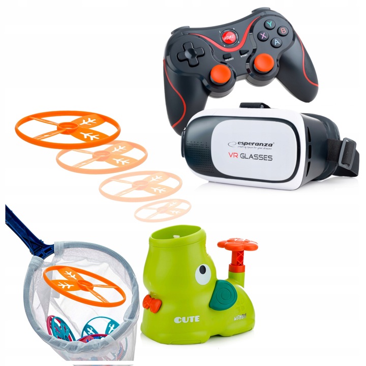 Ochelari VR 3D, Webski, set cu gamepad si lansator de discuri, 180/360 grade, negru