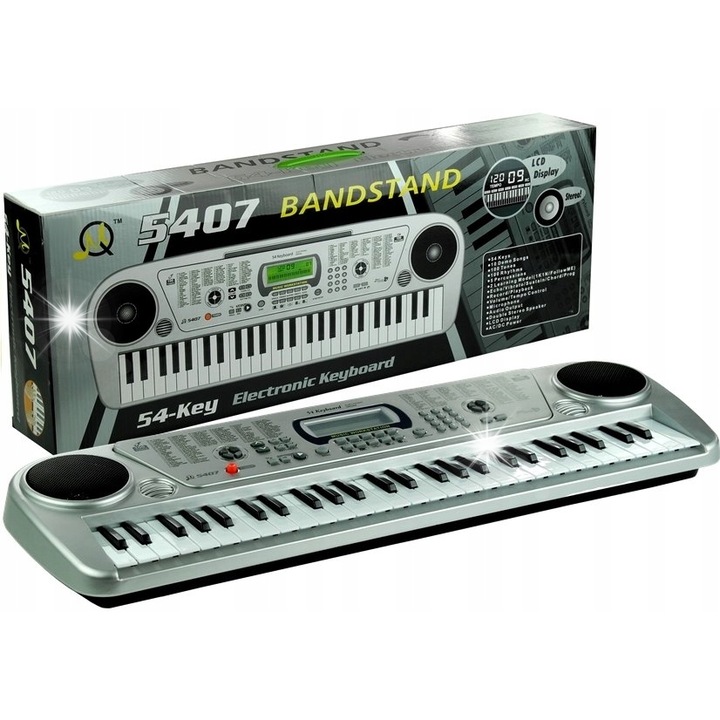 Keyboard muzical LEAN Toys, model MQ5407, 54 clape, microfon, culoare argintie, dimensiuni 60x20cm
