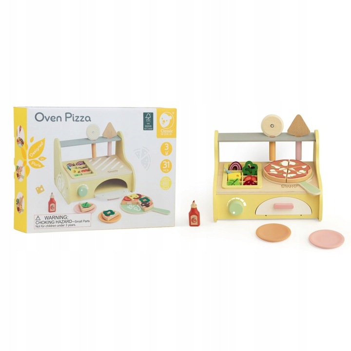 Set bucatarie copii, Classic World, cuptor pizza, 31 piese, elemente mobile, multicolor