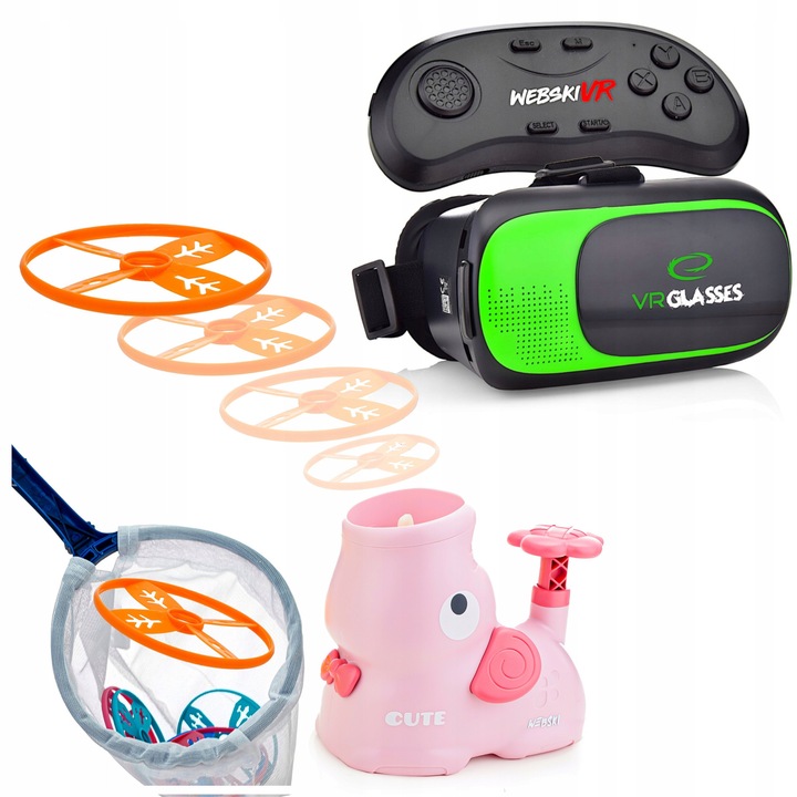 Ochelari VR 3D Webski, set cu gamepad si lansator de discuri, 180/360 grade, negru