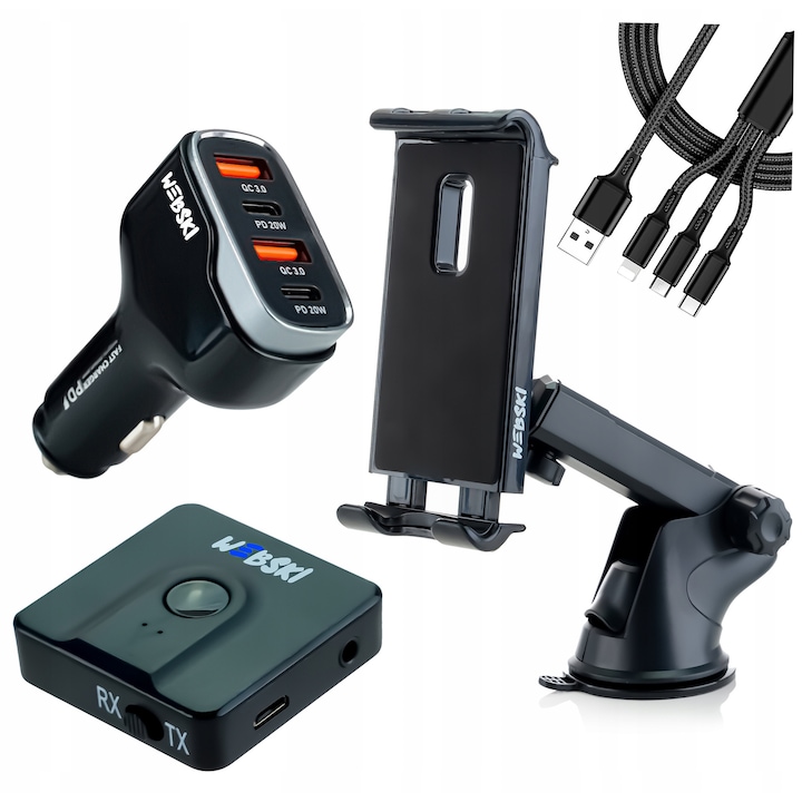 Комплект поставка за кола за мобилни устройства, Webski, зарядно за кола 40W с QuickCharge 3.0 и Bluetooth 5.0 трансмитер, черно, размери на поставката 125x200mm