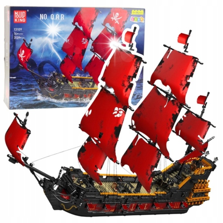 Építőkészlet, LeanToys, kalózhajó modell, 3139 darab, mérete 81,5x25x64,5cm, fekete és piros színek