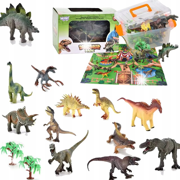Dinoszaurusz figura szett, 12 dinoszaurusz figura, 10 növény figura, szőnyeg, Woopie