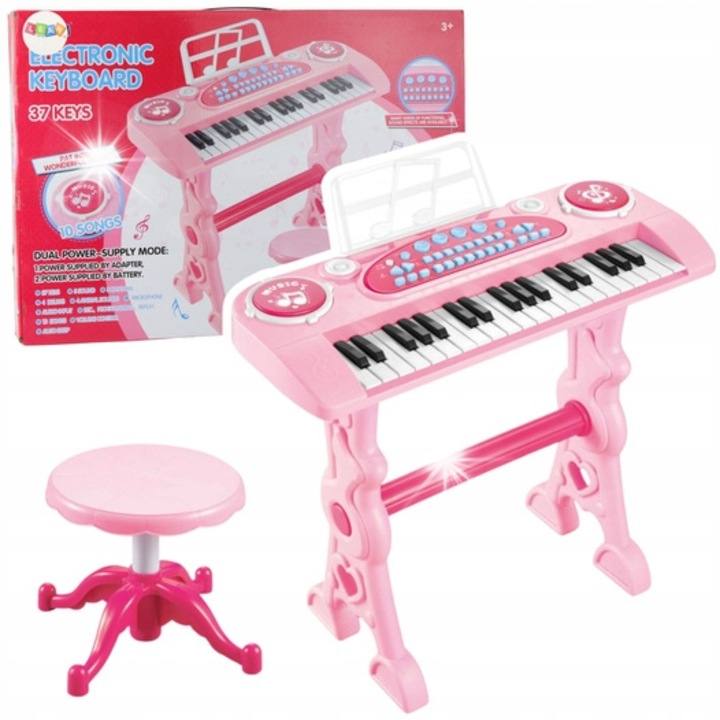 Elektronikus zongora gyerekeknek mikrofonnal, 37 billentyű, rózsaszín, 53x20x48cm, komplett szett