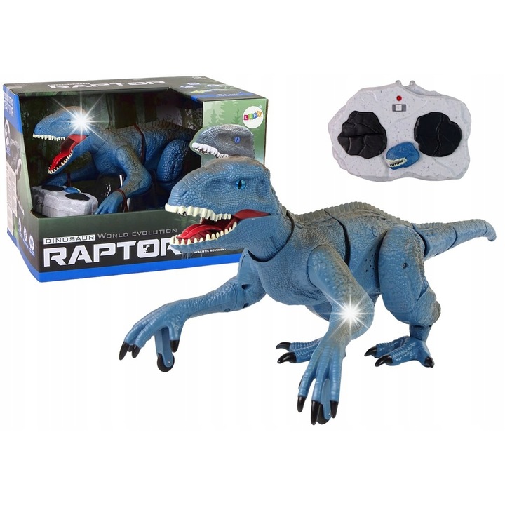 Távirányítós Velociraptor dinoszaurusz, LEAN Toys, hang- és fényeffektusok, kék, 46x22x19cm, távirányítós készlet