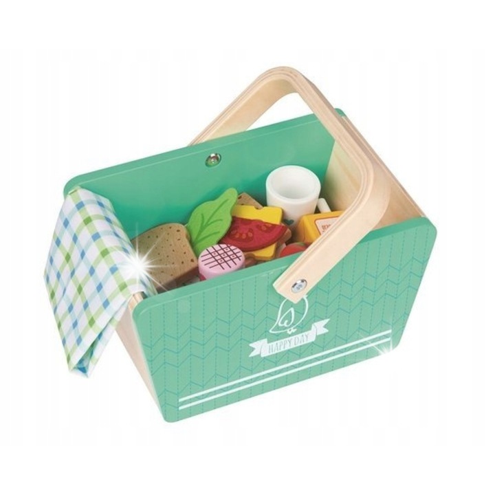 Piknik készlet, menta, Lelin, 28 darab, fa kosár, szalvéta 32x32cm, kosár méretei 23,5x15x21cm