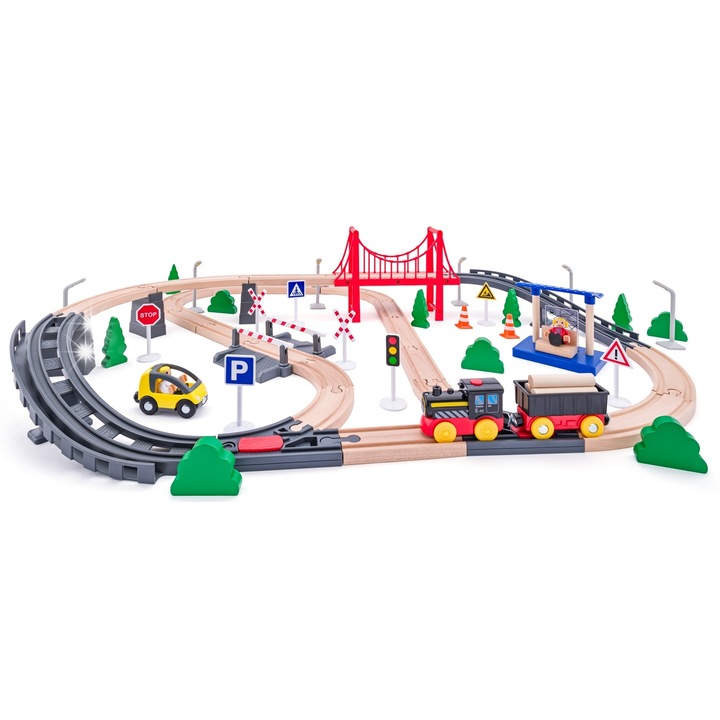 Woody játékvonat, 80 darabos készlet, elektromos mozdony, autó, figurák, többszínű