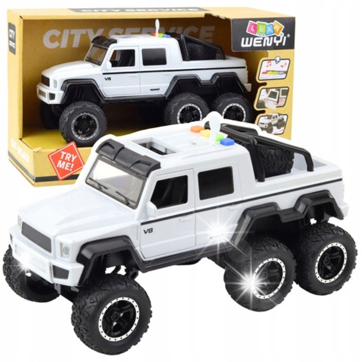 Количка Пикап 6x6, LeanToys, звукови ефекти и светлини, перлено бял, комплект с батерии AG13