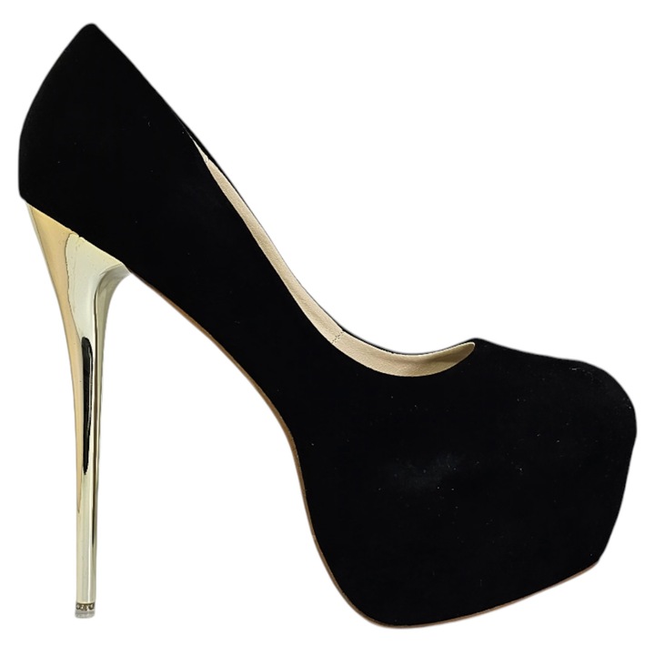 Pantofi Stiletto VDC, Toc Auriu 16.5 cm, Platforma 5.5 cm, Negru, 44 EU